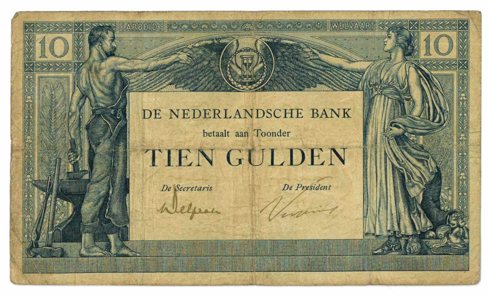 Nederland. 10 gulden. Bankbiljet. Type 1921. Arbeid en Welvaart - Fraai. (Alm. 38-1b. AV. 27.1b.