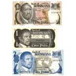 Botswana. Pula. Bankbiljet. 1976, 1983, 1982. - UNC. (Pick. 1, 6, 7). Lot 3 notes. - UNC.