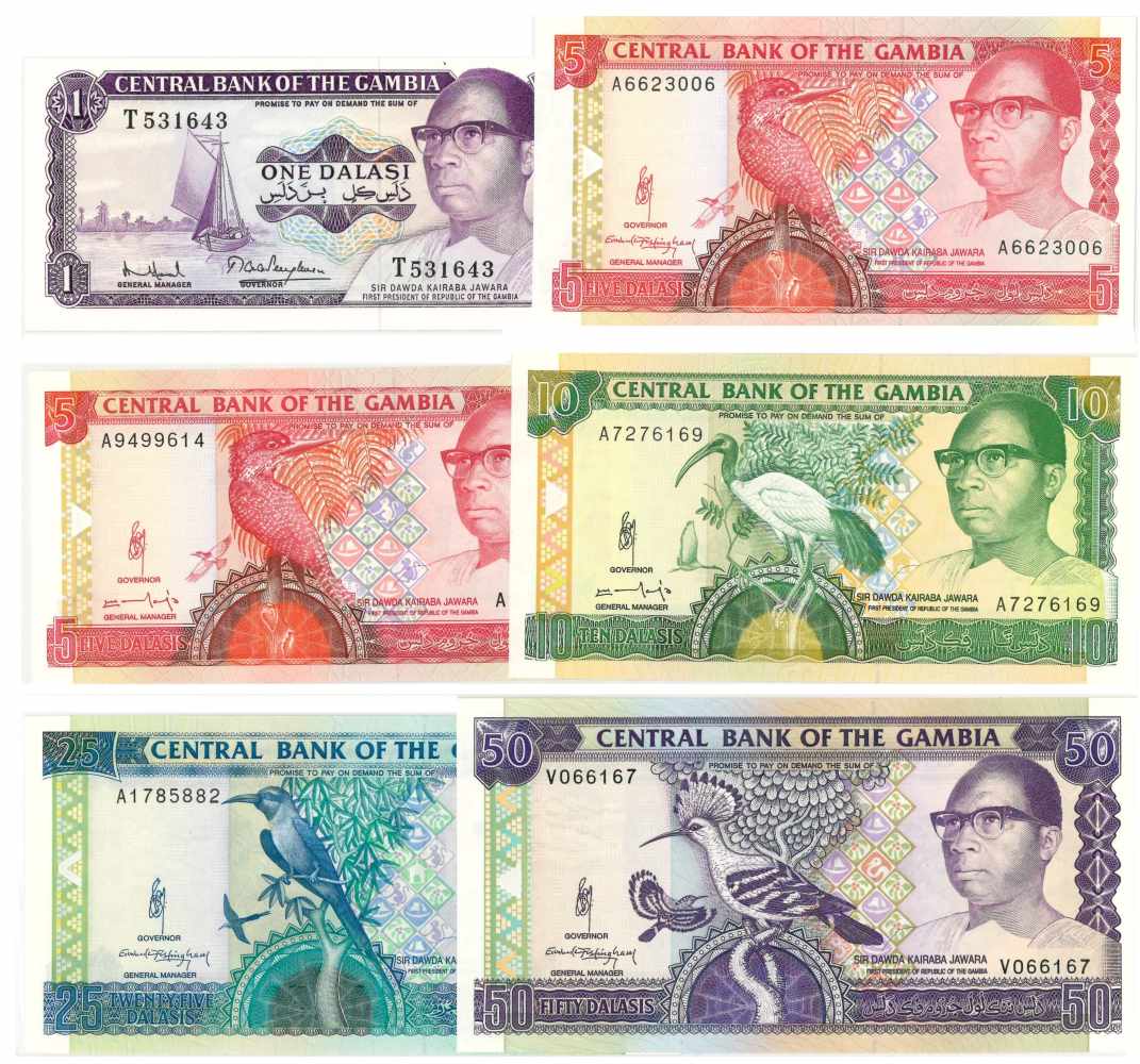 Gambia. Dalasi. Bankbiljet. 1971, 1989-1991. - UNC. (Pick. 4G, 12-15). Lot 6 notes. - UNC. Gambia.