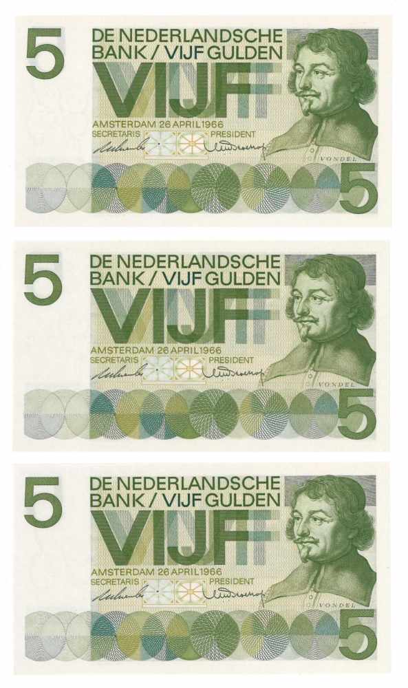 Nederland. 5 gulden. Bankbiljet. Type 1966. Vondel - UNC. (Alm. 23-1a. PL. 22.a). Serienummer