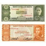Bolivia. Bolivianos. Bankbiljet. 1962. - UNC. (Pick. 154, 162). Lot 2 notes. - UNC. Bolivia.