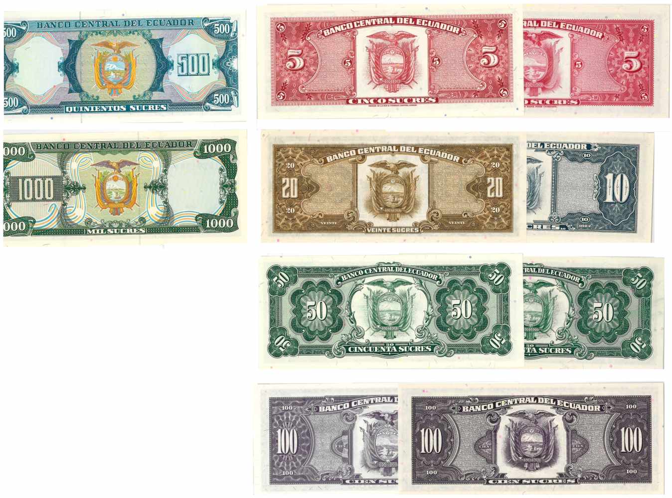 Ecuador. Sucres. Bankbiljet. 1983-1988, 1994. - UNC. (Pick. 113, 121-125). Lot 10 notes. - UNC. - Image 2 of 2