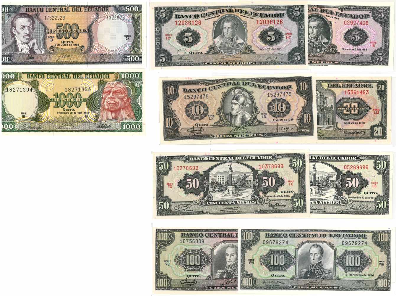 Ecuador. Sucres. Bankbiljet. 1983-1988, 1994. - UNC. (Pick. 113, 121-125). Lot 10 notes. - UNC.