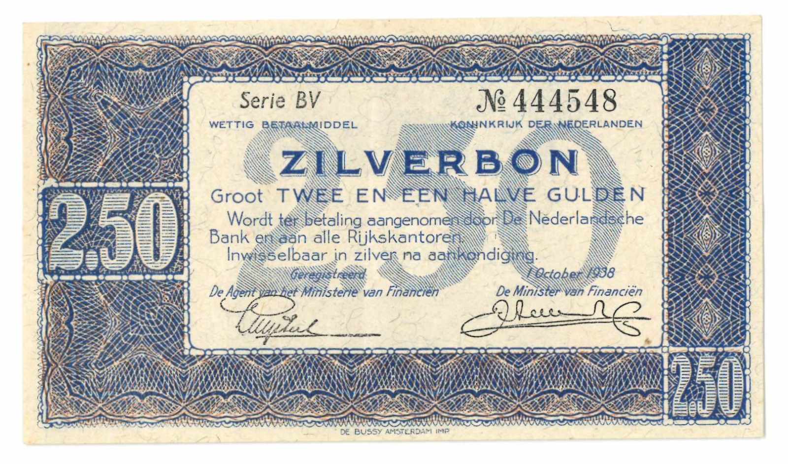 Nederland. 2½ gulden. Zilverbon. Type 1938. - Zeer Fraai / Prachtig. (Alm. 13-1b. AV. 11.1b).
