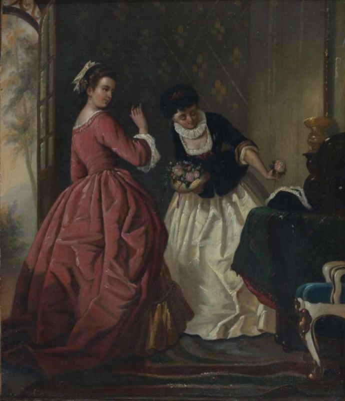 Hendrik Hollander (1823-1884) Two elegant ladies laying flowers by an officer's hat. Signed lower