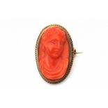 A precious coral cameo depicting a classical woman. Set in a 14 krt yellow gold mount. 19th