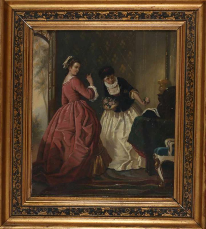 Hendrik Hollander (1823-1884) Two elegant ladies laying flowers by an officer's hat. Signed lower - Image 2 of 4