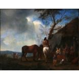 Hollandse School 18e eeuw Landscape with resting travellers by an encampment. In the manner of