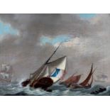 Hollandse School 18e eeuw Ships on a rough sea, one carrying a French flag. Circa 1800. Not signed.