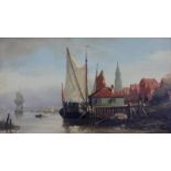 Toegeschreven aan Everhardus Koster (1817-1892) Moored fishing vessel by a Dutch town. Signed lower