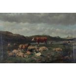 Dirk Peter van Lokhorst (1848-1894) A young shepherd and his cattle resting in the grass. Signed