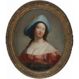 Europese School 18e eeuw An oval portrait of a woman in a red dress wearing a blue hat. Not signed.