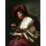 Toegeschreven aan Jan van Bijlert (1597-1671) Portrait of a woman dressed as a shepherdess carrying