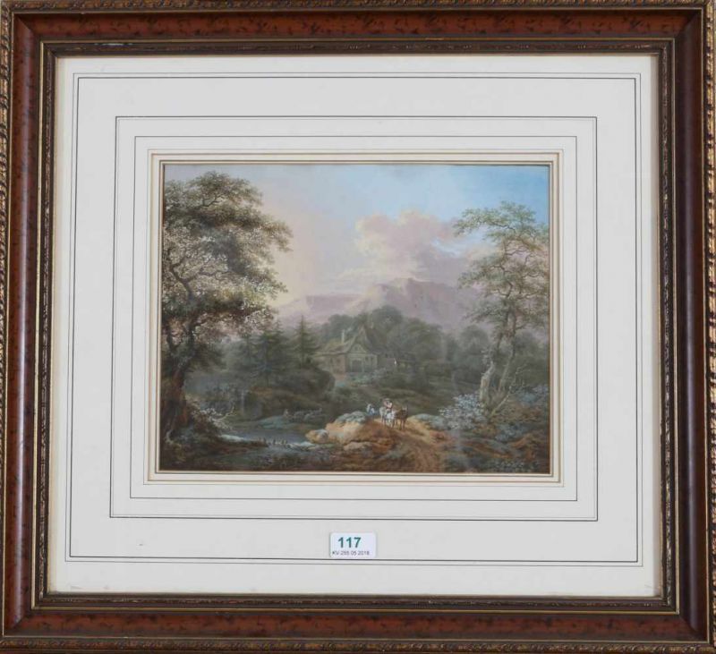 Duitse School 19e eeuw Mountain landscape with two farmers and a shepherd by a river. Signed J. B. - Image 2 of 3