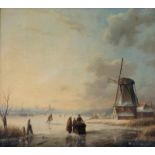 Jan Jacob Coenraad Spohler (1837-1922) Ice skating figures by a mill. Signed lower left. Paneel 19,