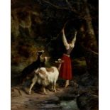 Eugène Lambert (1825-1900) Shepherdess with goats on a mountain path by a stream. Signed and dated