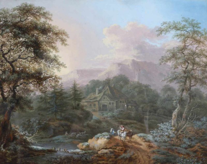 Duitse School 19e eeuw Mountain landscape with two farmers and a shepherd by a river. Signed J. B.