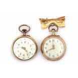 Two 14 krt gold ladies' pocket watches. One with 14 krt rose gold bow brooch and enamelled back.