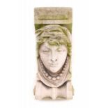 A sandstone facade ornament with a womans head. End 19th century. Hoogte 63 cm. 29.00 % buyer's