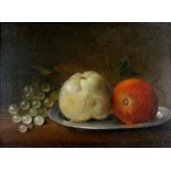 Europese School 19e eeuw Still life with an apple, a pear and grapes. Circa 1800. Remains of a
