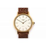 A 18 krt yellow gold ladies' wrist watch. Quartz. Brand Longines, Ref. 18572104. With brown leather