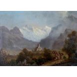 Karl Girardet (1813-1871) Mountain landscape with the Swiss village Frutigen. Signed lower right.