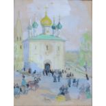 Toegeschreven aan Franz Laskoff (1869-1921) Activity on a square by an orthodox church. Signed and