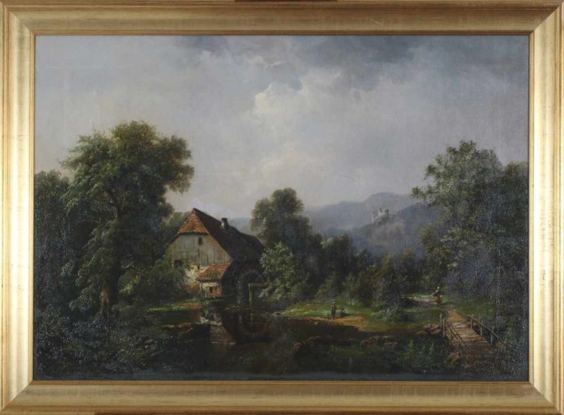 Toegeschreven aan Eduard Friedrich Pape (1817-1905) Mountainous landscape with a watermill and a - Image 2 of 3