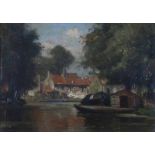 Pieter Adriaan Schipperus (1840-1929) Village by the waterside. Signed lower left. Paneel 12,5 x
