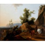 Jan van der Bent (1638/1650 - 1690) Italianate landscape with a man and oxen on a mountain path.