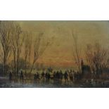 Adolf Stademann (1824-1895) Ice skating figures at sunset. Signature lower left. Paneel 12 x 20 cm.