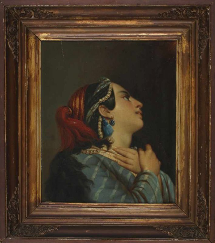 Johan Jacob Schoppé (1805-1857) A young woman looking up in extacy. Signed lower right. Verso an - Image 2 of 3