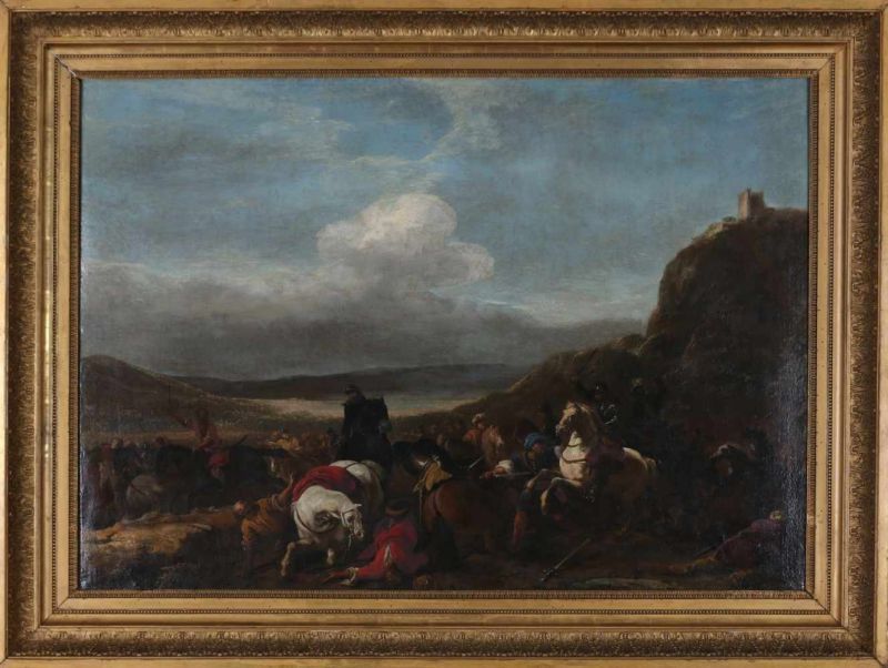 Navolger Aniello Falcone Battle scene with cavalry in a mountainous landscape.Verso annotation - Image 2 of 3