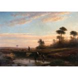 Simon van den Berg (1812-1891) Landscape with a boy and a cow by a stream and a shepherd with his