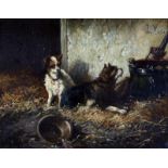 Vincent de Vos (1829-1875) Two dogs in a stable watching a snail. Signed upper right. Paneel 15,5 x