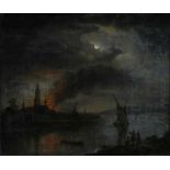 Hollandse School 19e eeuw Burning city by a river at night. Not signed. Annotated 'Van Jos Nicols'