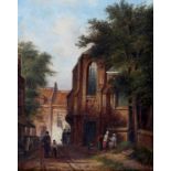 Johannes Franciscus Spohler (1853-1894) Conversing figures behind a church. Signed lower left.