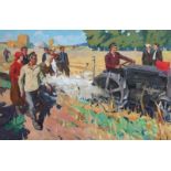 Leonid Pavlovich Bessaraba (1935-) Harvest season. Signed and dated 1970 lower right. Label with