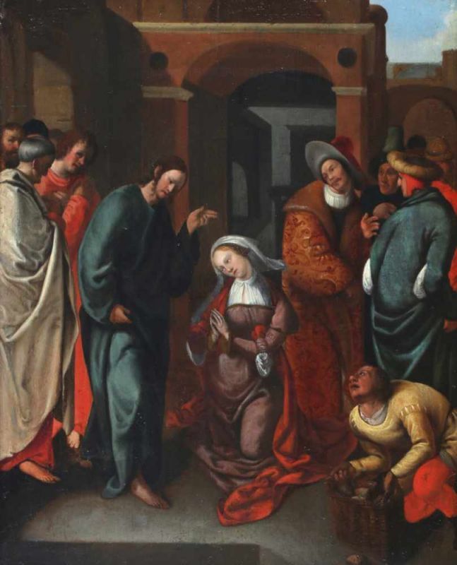 Naar Aertgen Claesz. van Leyden Christ and the woman taken in adultery. Verso multiple numbers and