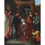 Naar Aertgen Claesz. van Leyden Christ and the woman taken in adultery. Verso multiple numbers and