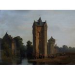 Pierre Vervou (1822-1913) Figures by a castle moat. Signed and unclearly dated lower left. Paneel