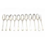 Ten various silver spoons and one fork. Different maker's marks, amongst others: Johannes Kuyper