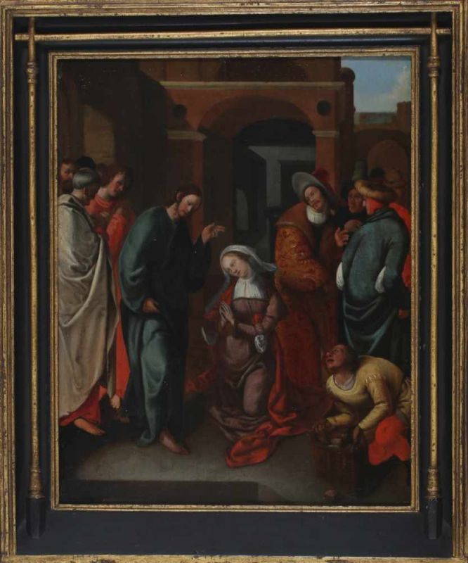 Naar Aertgen Claesz. van Leyden Christ and the woman taken in adultery. Verso multiple numbers and - Image 2 of 3