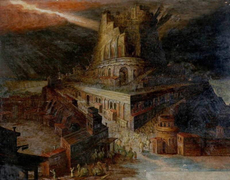 Omgeving Hendrick van Cleve III (c.1525-1590) The Tower of Babel (Genesis 11:8). Not signed. For a