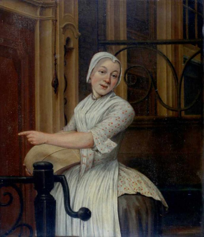 Toegeschreven aan Pieter Catel (1712-1759) A maid on a staircase outside of a town house. Not