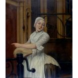 Toegeschreven aan Pieter Catel (1712-1759) A maid on a staircase outside of a town house. Not