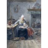 Willem Bernardus Ijzerdraat (1835-1907) Teadrinking grandmother and grandchild with a cat by the