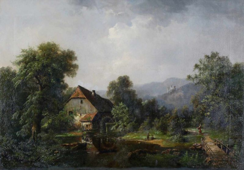 Toegeschreven aan Eduard Friedrich Pape (1817-1905) Mountainous landscape with a watermill and a