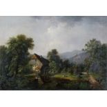 Toegeschreven aan Eduard Friedrich Pape (1817-1905) Mountainous landscape with a watermill and a