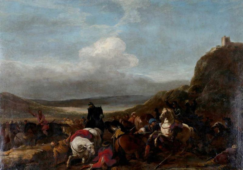 Navolger Aniello Falcone Battle scene with cavalry in a mountainous landscape.Verso annotation